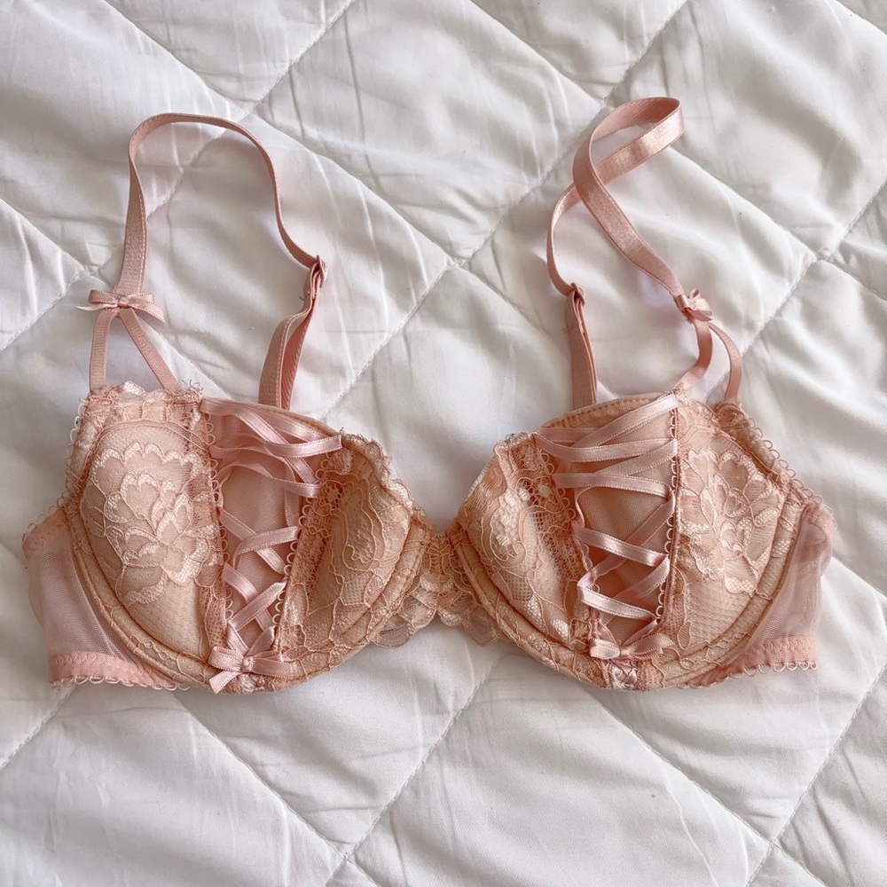 Adore Me Blush Pink Lace Up Balconette Bra 32B – Delicate Coquette Lingerie